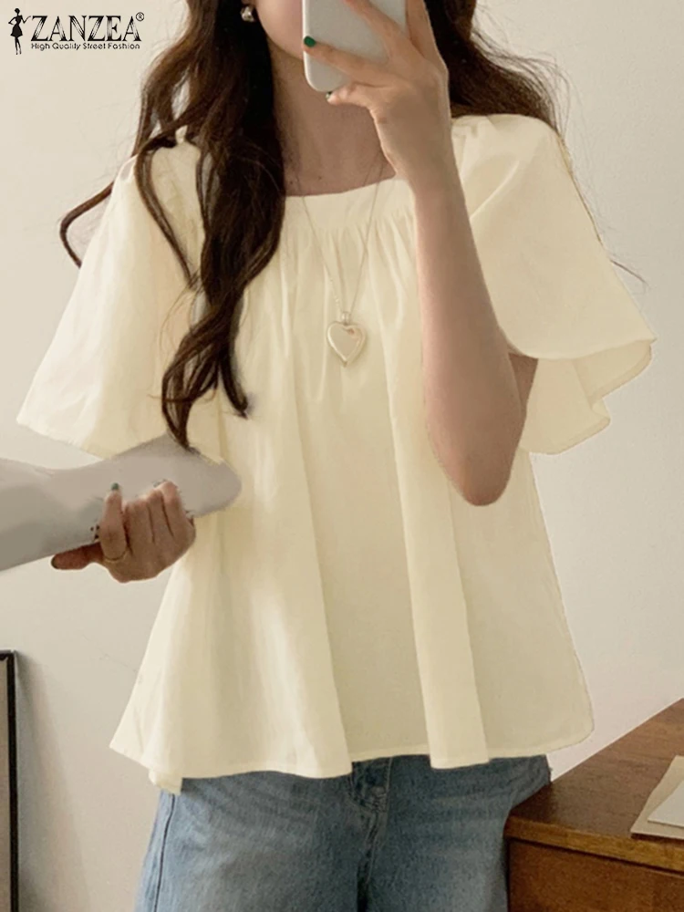 

ZANZEA 2025 Summer Elegant Shirt Women Square Neck Solid Tunic Blouse Short Flare Sleeve Work Tops Female Holiday Pleated Blusas