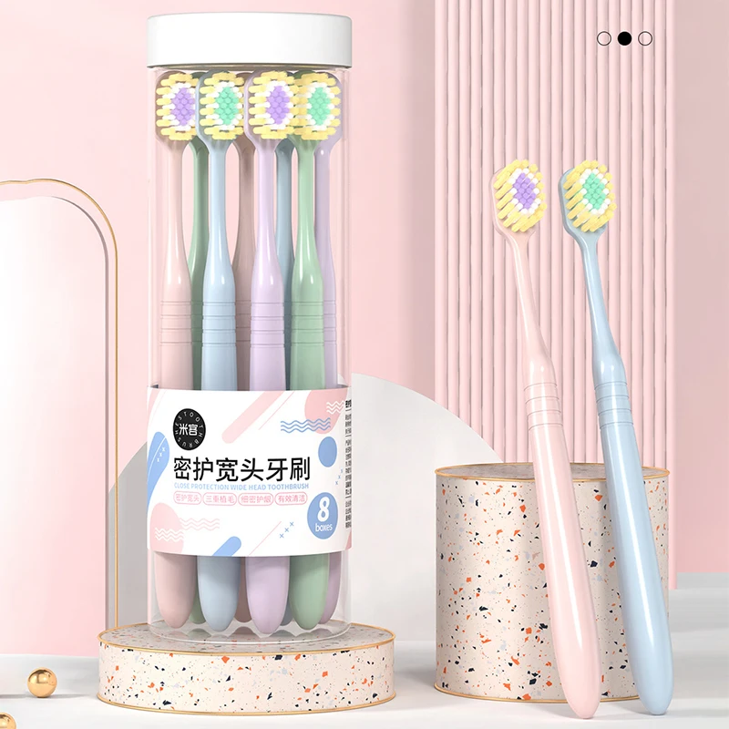 

Зубная щетка с мягкой щетиной для взрослых и широкой головкой, 8 шт., ведро для хранения, упаковка, высокая плотность, тройная щетка для растительных волос, зубная щетка с нитью