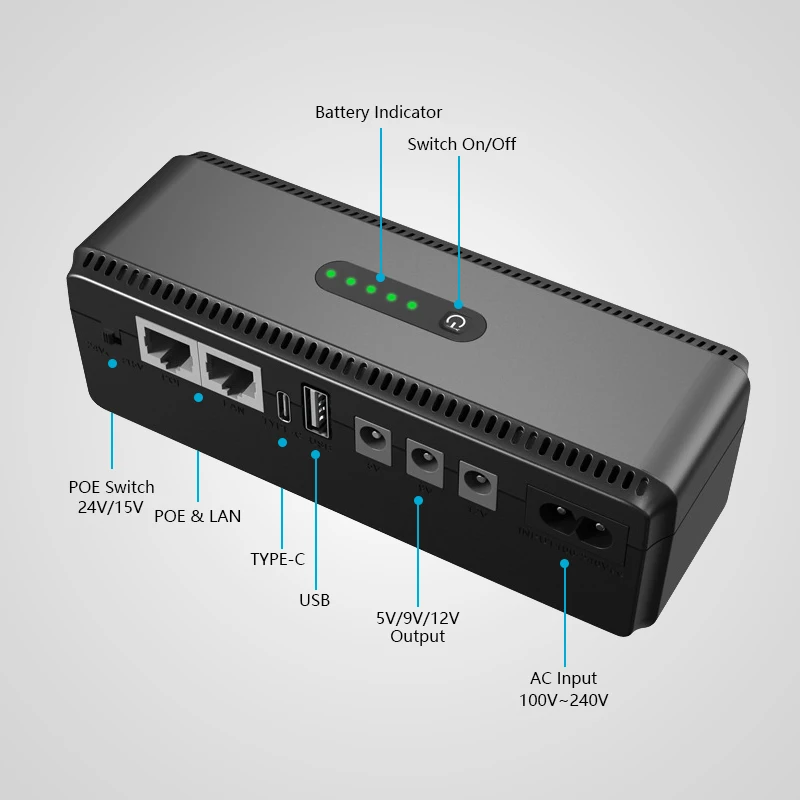 Imagem -02 - Mini dc Ups 5v 9v 12v Estável Fonte de Alimentação Wi-fi Router Ups Lithium tipo c para 12v Router Video Surveillance Câmera Casa