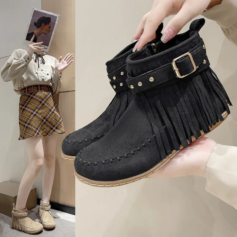 

Women's Boots Fashion Tassel Design Boot Side Zipper Casual Short Boots Rivet Design Flat Boots Retro Suede Women Ankle Booties