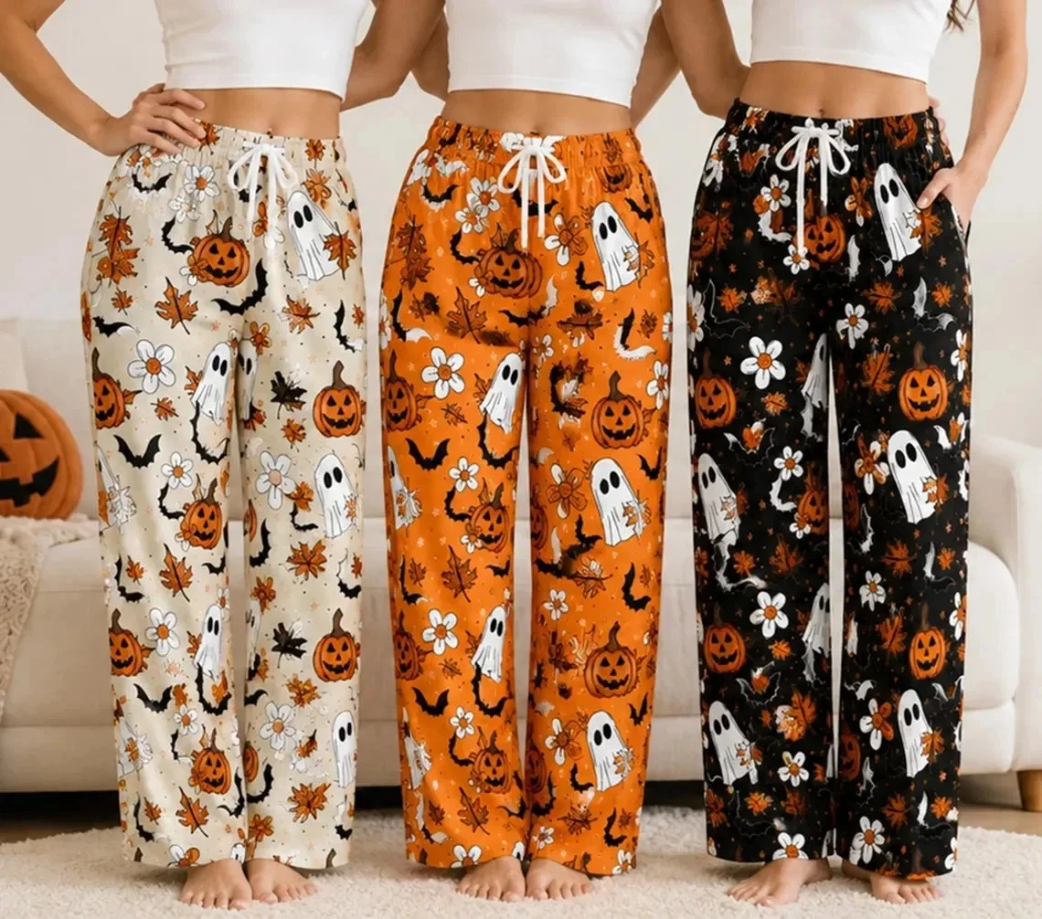 Retro-Halloween-Schlafanzug mit Gänseblümchen-, Ahornblatt- und Fledermaus-Motiven, lustigem kleinen Teufel-Kürbismuster, locker geschnittene und bequeme Hose – Detail 6