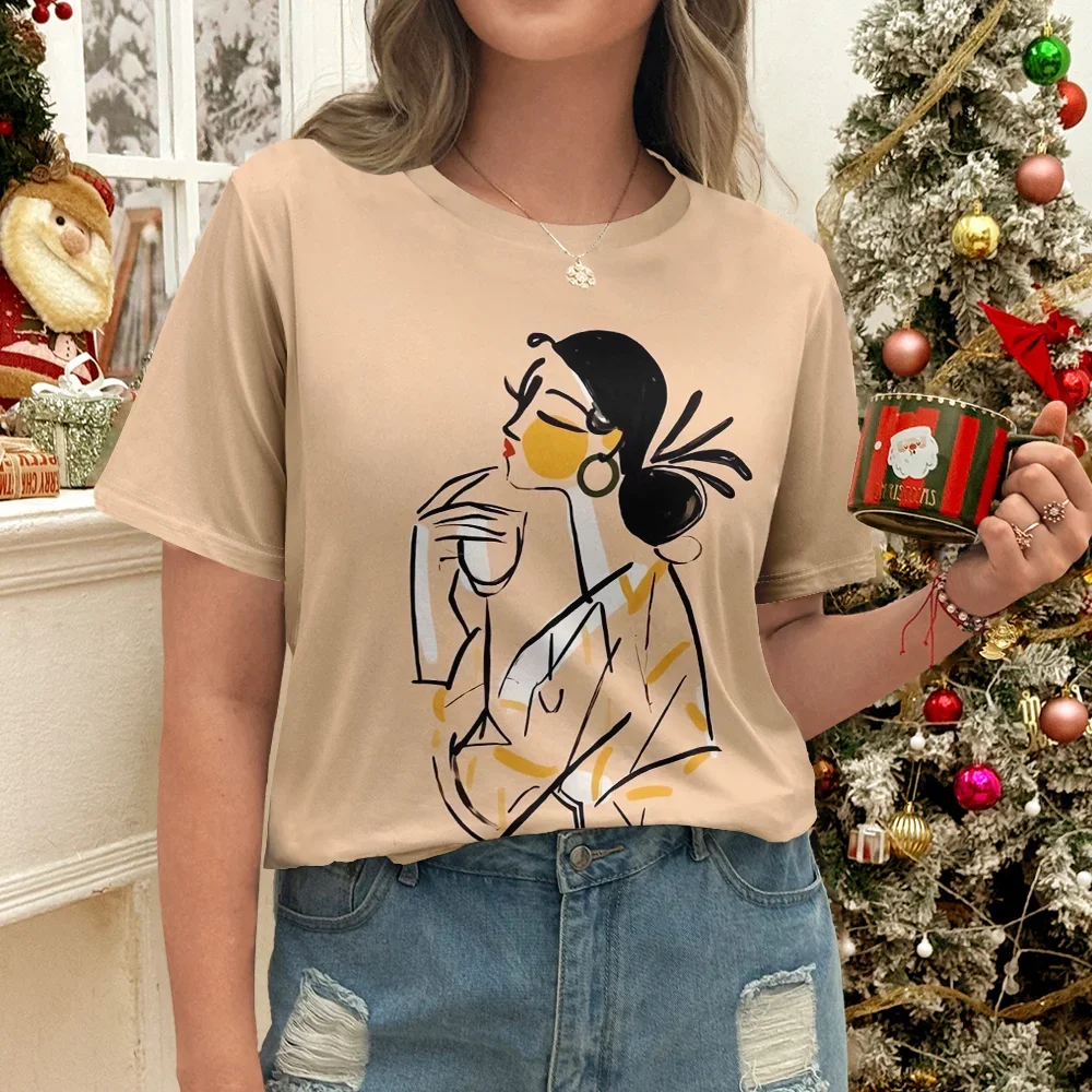 

Women's Beige Cartoon Girl Printed T-shirt Playful Casual Summer Design Round Neck Short Sleeve Pullover Unisex Y2K Streetwear