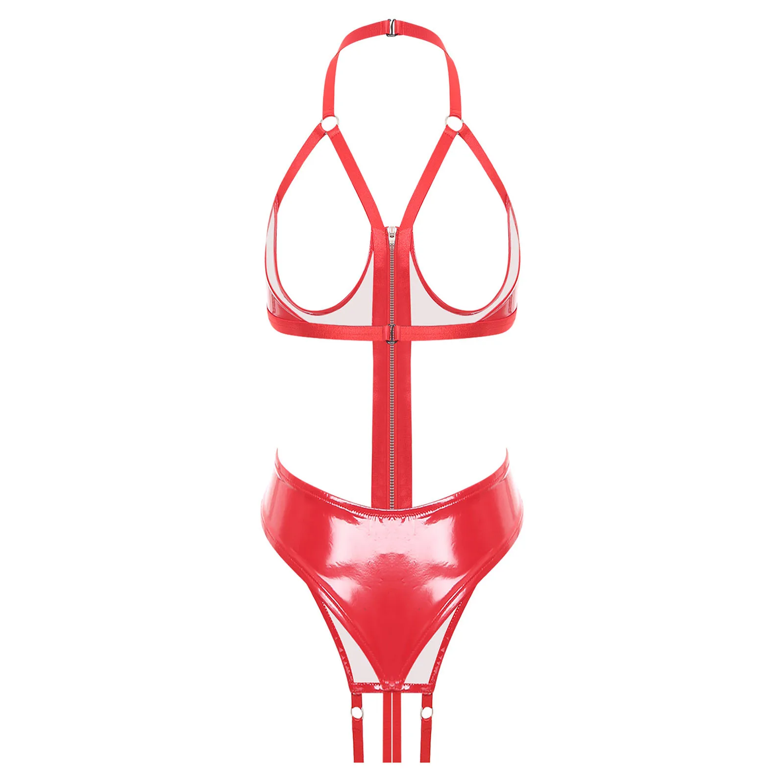 Kobiety seksowna bielizna ze skóry lakierowanej body z wycięciem w kroku wyglądające na mokre wycięcie stringi wiązane na szyi Naughty Romper Rave strój do klubu nocnego