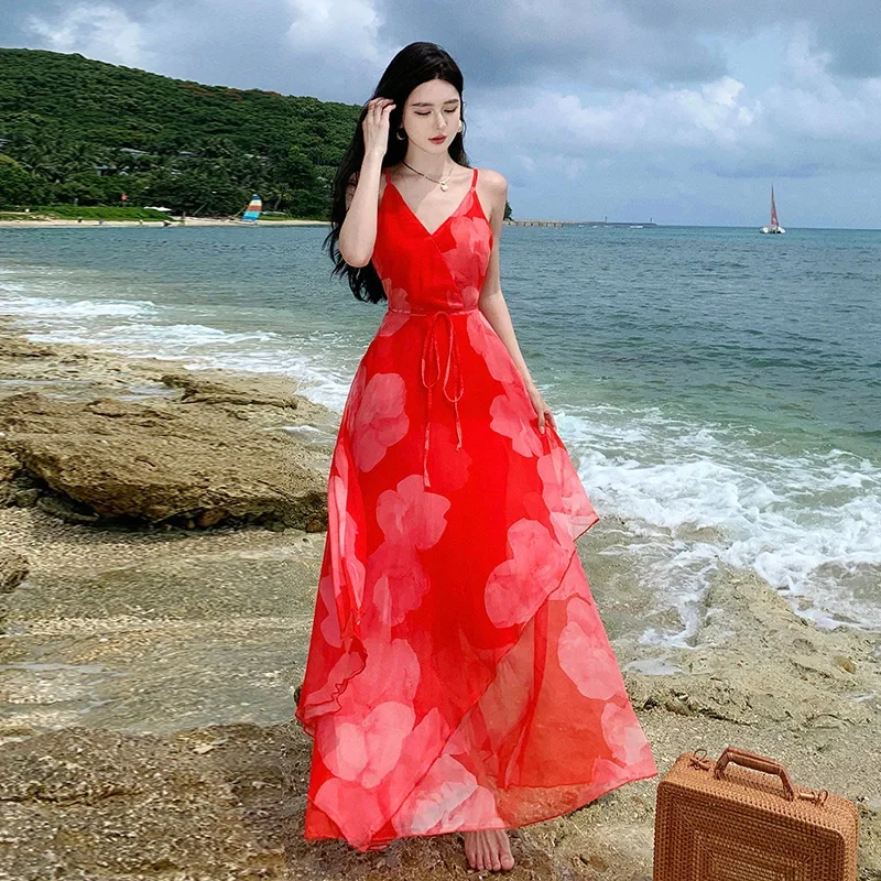 Elegant Long Dress For Women Summer Travel Sanya Seaside Vacation Printed Tank Dress Waist-Fitted Blousy Dress