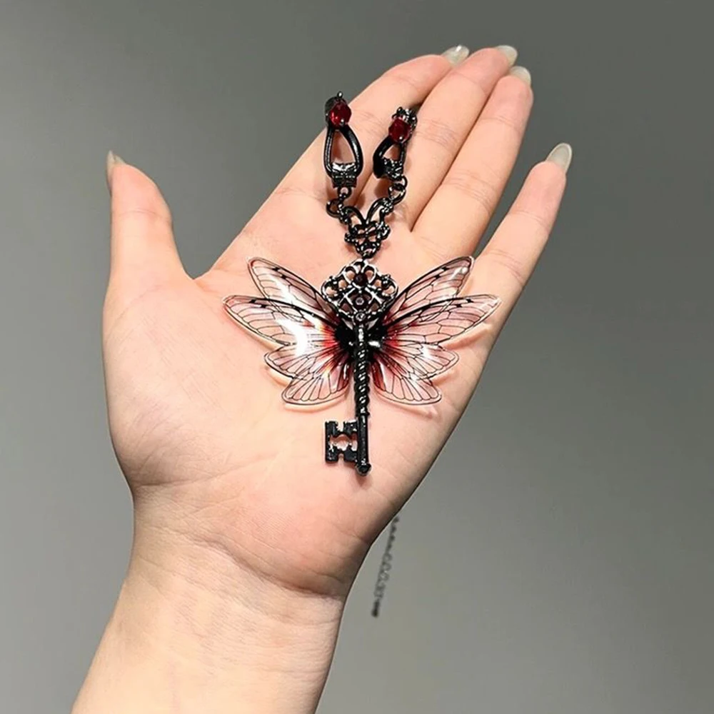 Y2K Dragonfly Necklace Key Chain Leather Rope Choker Chain Hip Hop Zircon Halloween Prop image 3