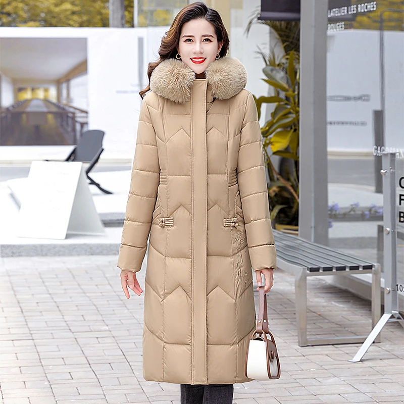 Woman Long Parka Winter Jacket Clothes Hooded Fur Collar Pocket Embroidery Cotton Liner Thicken Warm Snow Wear Woman Outwear