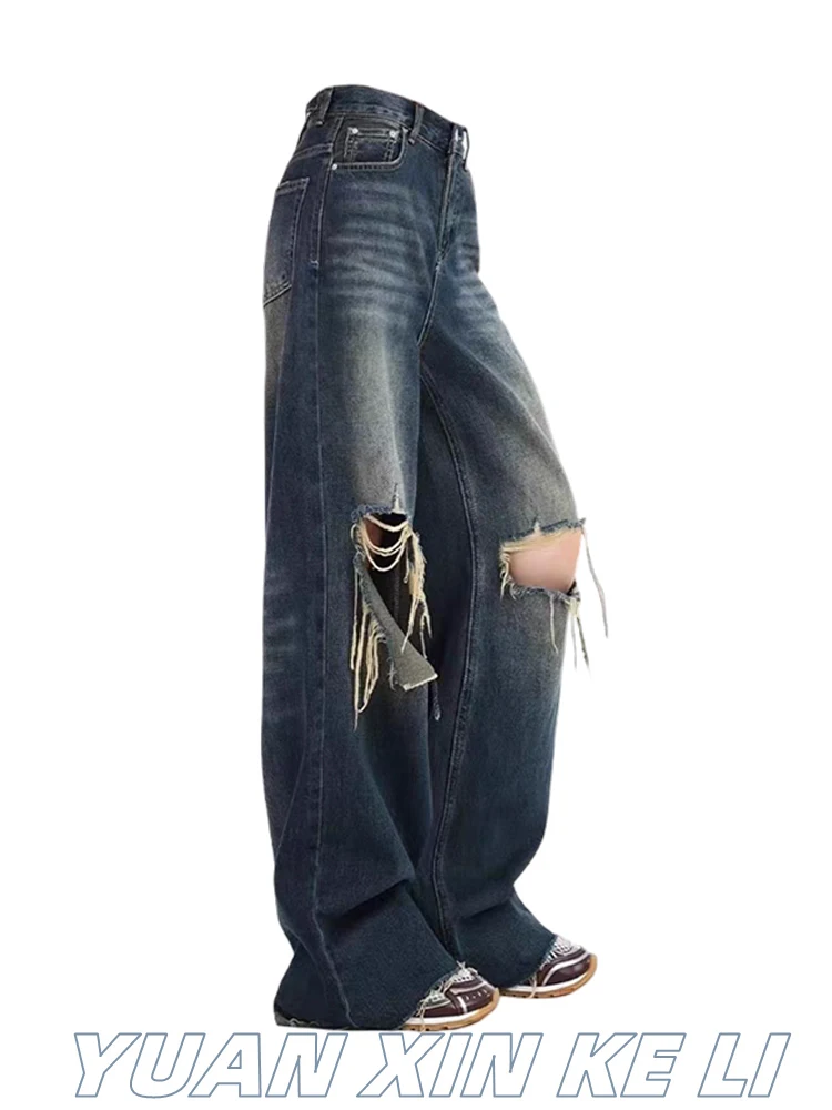 

Women American Vintage Trashy Y2k Japanese Streetwear Baggy Hole Denim Pants Long Trousers 2000s Aesthetic Jean Kpop Grunge Punk