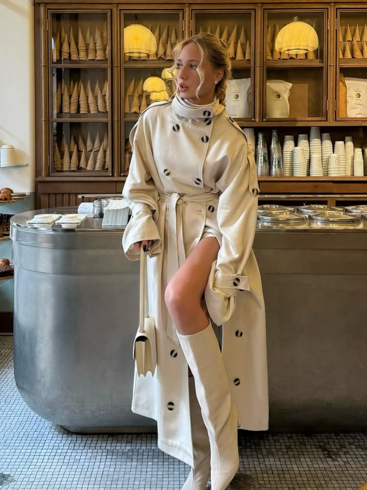 Women Solid Stand Collar Long Trench Coat Casual Double Breasted Full Sleeve Loose Windbreaker 2025 Lady Daily Commute Outerwear