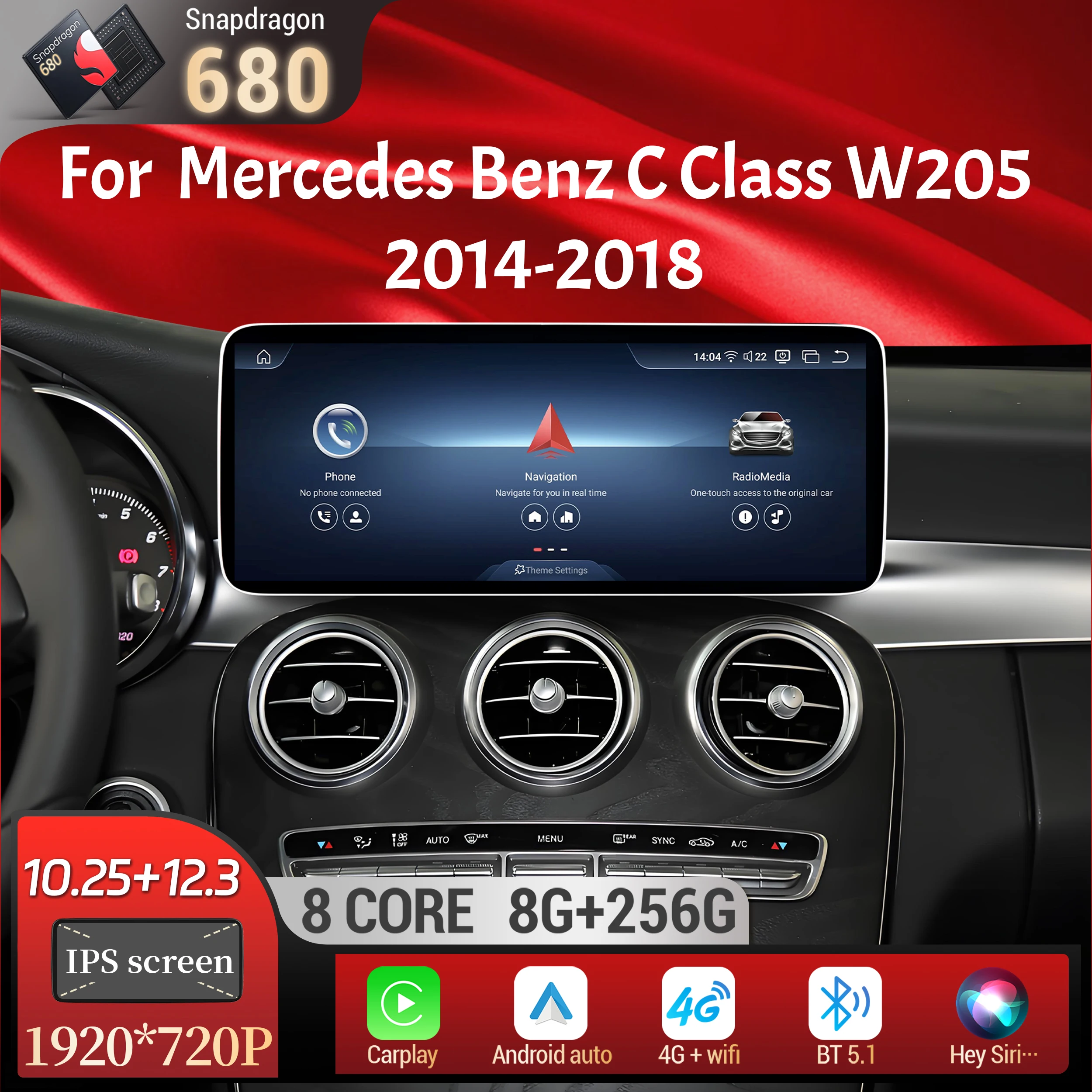 

Android 13 For Mercedes Benz C Class W205 2014-2018 Car Radio Wireless Carplay Snapdragon 680 CPU SM6225 Head Unit Touch Screen