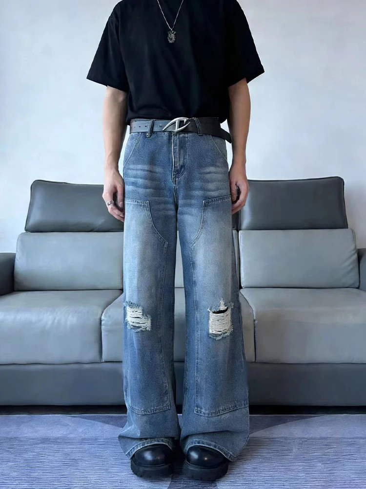 

Мужские синие джинсы: модный бренд, американский стиль, прямой крой, трендовые брюки-карпентеры с эффектом потертости, зимние, повседневные