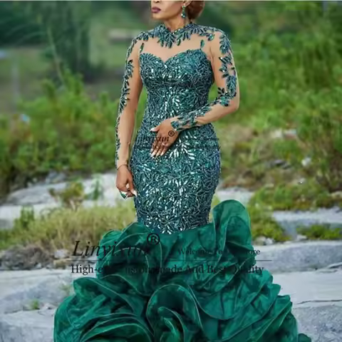Abendkleider Hunter Green Evening Dress Organza Applique Long Formal Prom Dress Sequins Customized Sheer robe de soiree abiye