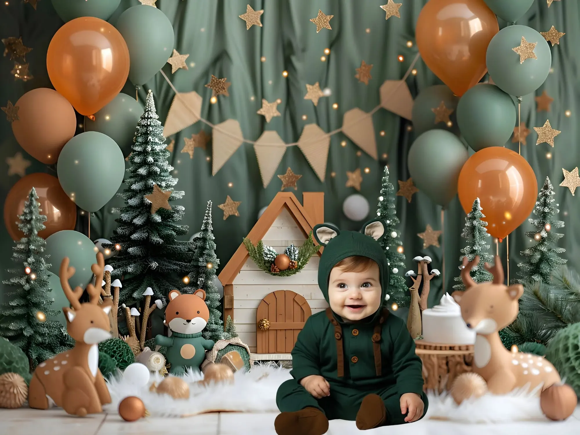 Mehofond التصوير خلفية الشتاء الغابات المقصورة الحيوانات الاطفال حفلة عيد ميلاد كعكة سحق صورة ديكور خلفية استوديو الصور