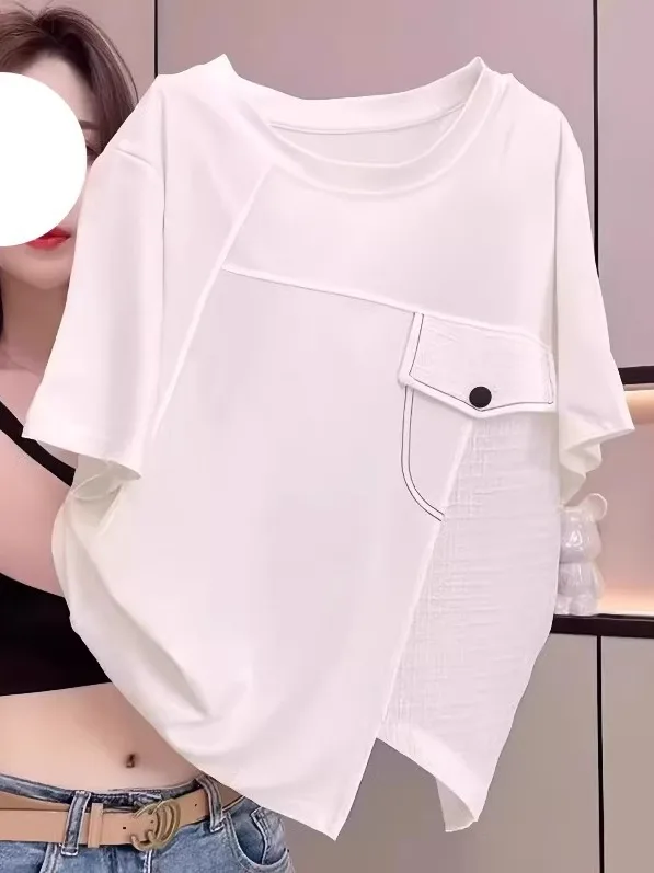 

plus Size Pure Cotton round Ne Overhead Asymmetric ort Sve T-irt Women Summer Loose Slimming Meat Covering f S...