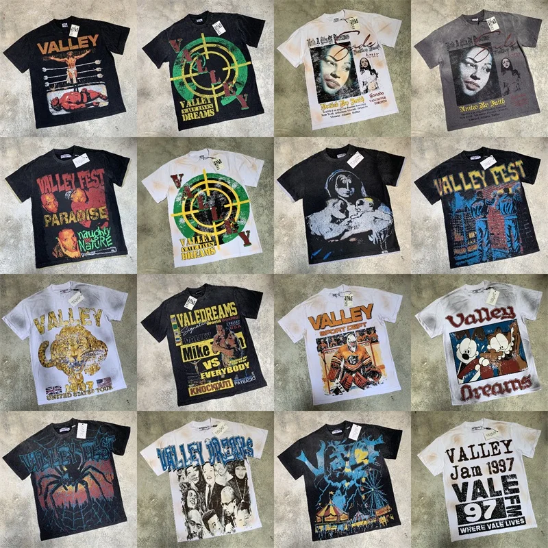 

Casual White VALLEY T-shirts Vintage American Retro Summer Pure Cotton Vale Oversized Short Sleeve