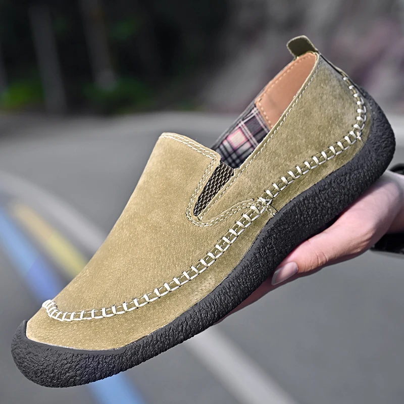Handmade Leather Men Shoes Casual Comfortable Slip on Loafers Men Spring Outdoor Flats Moccasins Walking Shoes Fall Dropshipping