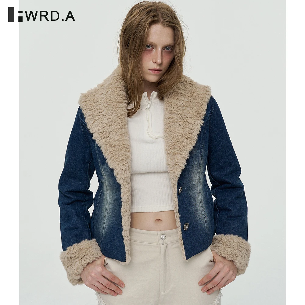 

Vintage Washed Denim Cotton Jacket Women Fall Winter Short Design Coat with Big Faux Fur Collar and Button Closure #FWRD6067