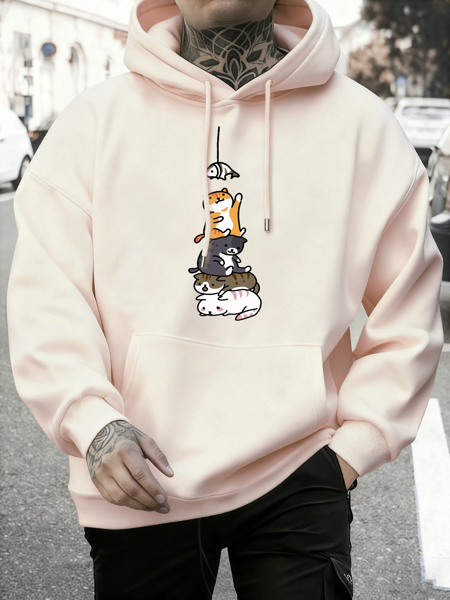Four Cats Stacked Together To Catch Fish Pattern Hoodies Men Fleece Soft Pullovers Street Loose Sportswear Autumn Casual Clothes