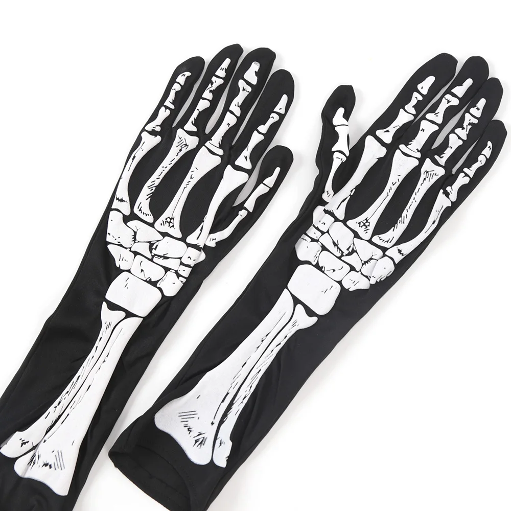 Halloween Printed Skull Cosplay Full Finger Gloves Women Dance Party Props Clothing Terror Gloves Accessory Adult