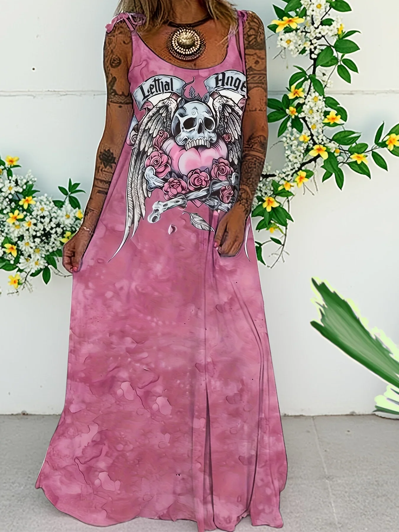 Vestido largo con lazo y cuello en V y estampado de calavera de talla grande para mujer, fabricado en poliéster, adecuado para fiestas, festivales, discotecas, etc.