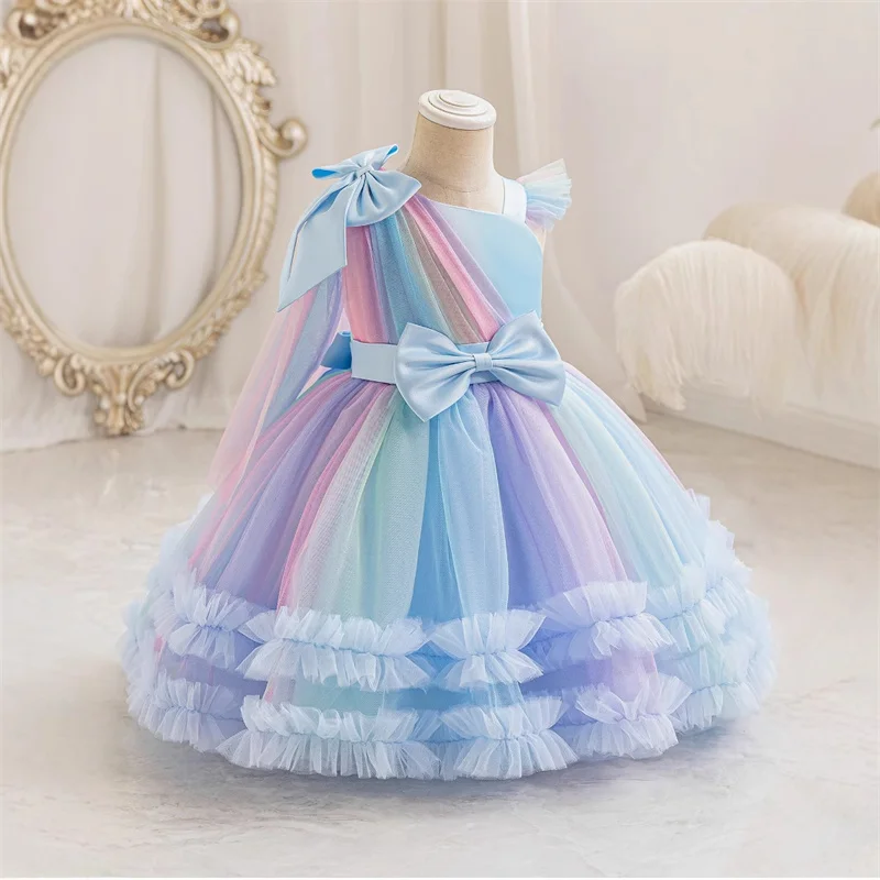 Girls Princess Dresses Children Cute Bow Mesh Puff Skirt Kids Elegance Birthday Party Banquet Performance Gown 4-10 Years Old