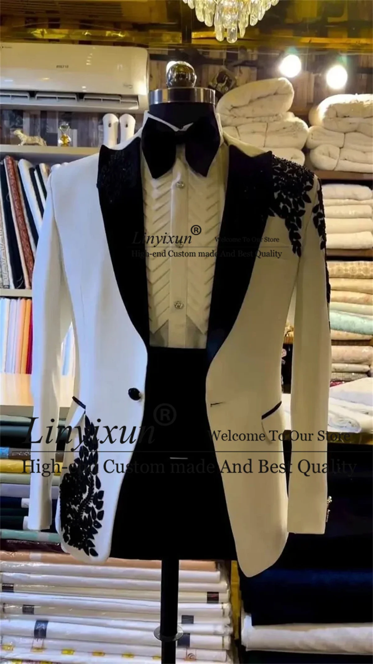 White Embroidery Bespoke Sequins Men Suits 3 Pieces Sets Male Blazer Prom Party Groom Wedding Tuxedos Slim Fit Costume Homme