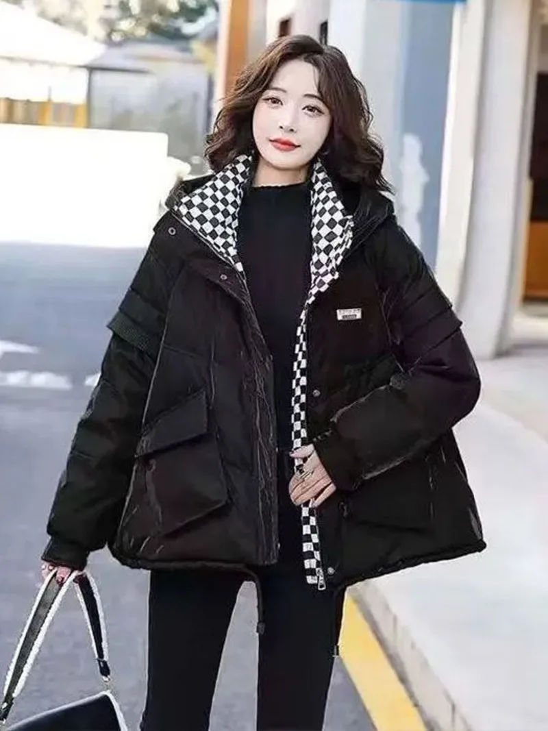 Shiny Clean Down Cotton Coat for Women 2024 Winter New Korean Checkered Cotton Coat Loose Warm and Wipable Cotton Coat Tide