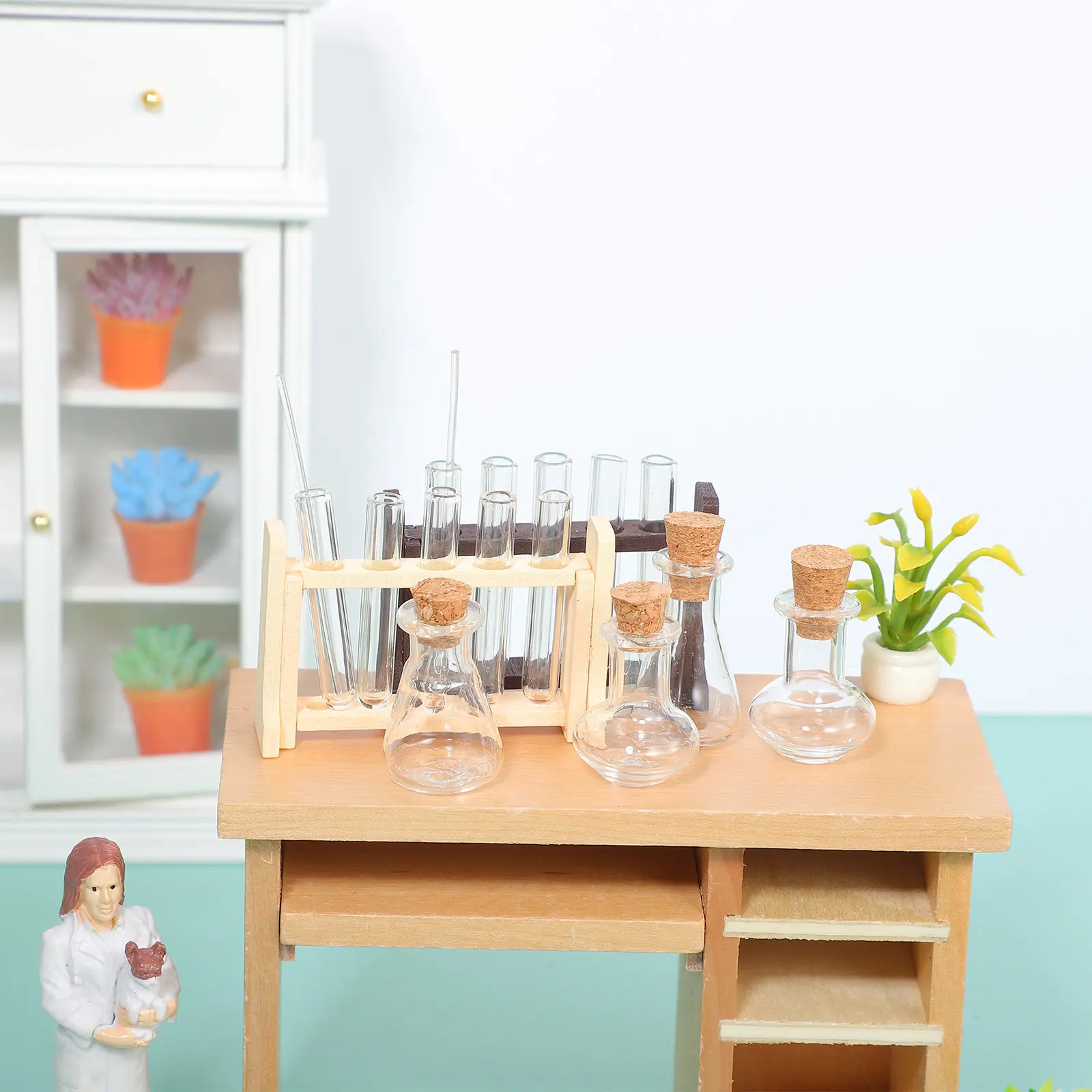 

2 Sets Miniature Test Tubes Rack Glass Wood Mini House Accessories Simulation Laboratory Scene Decor Creative Tiny House