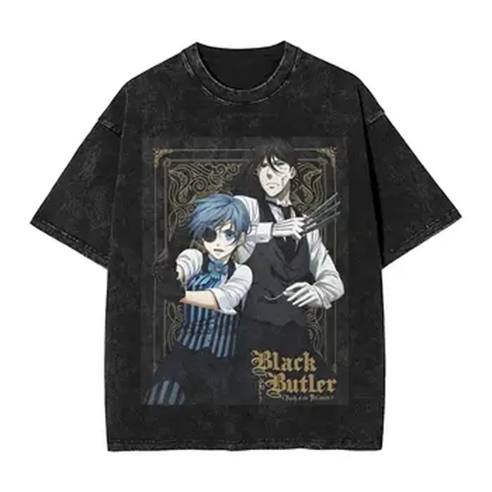 Anime Black Butler Graphic T-shirt For Men Women Clothing Summer Cotton Soft Short Sleeve Tees Vintage Washed Oversized T Shirt