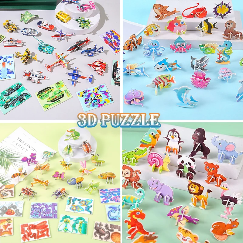 30Pcs A Set 3D DIY Puzzles Toys Mini Aircraft Tanks Animal Dinosaur Model Paper Jigsaw Puzzles for Kids Early Educational Toy