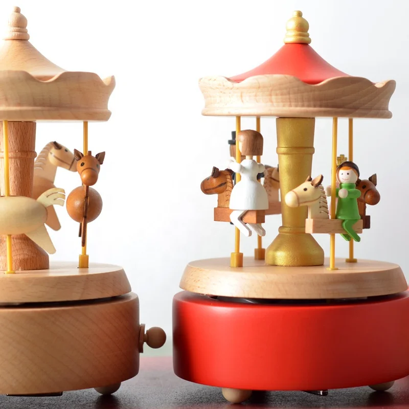 Wholesale Carved Engraving Wind up Moving Train traverse the Tunnel Carousel Wooden Music Box Wedding