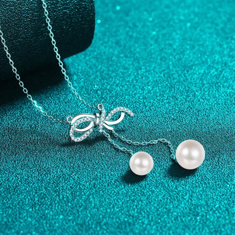 

Tassel Pendant Jewelry 0.157ct Moissanite Diamond for Lady Gift, Inlaid 6-8mm Natural Freshwater Pearl Necklace Chain for Women