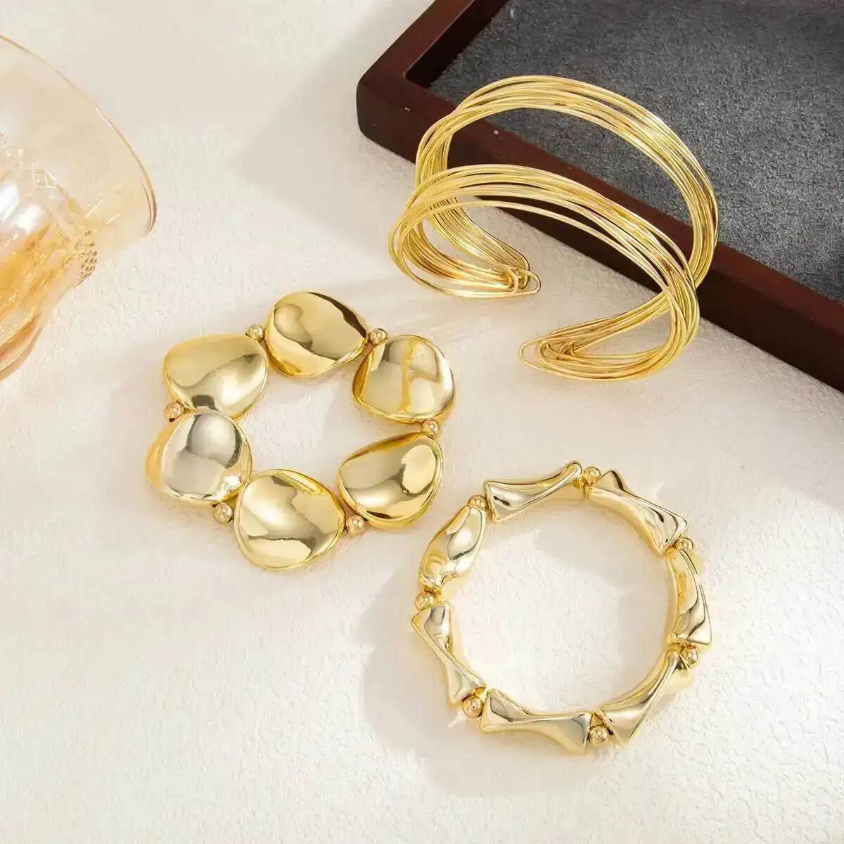 KunJoe 2026 New Exaggerated Irregular Beaded Bracelet for Women Vintage Gold Color Geometric Opening Bangles Jewelry Accessories