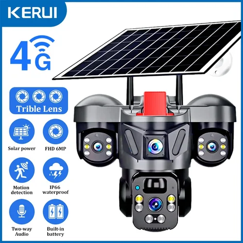 KERUI V380 Pro exterior PTZ 6MP WIFI 4G cámara Solar seguridad del hogar Triple lente cámara Panel Solar vídeo CCTV vigilancia