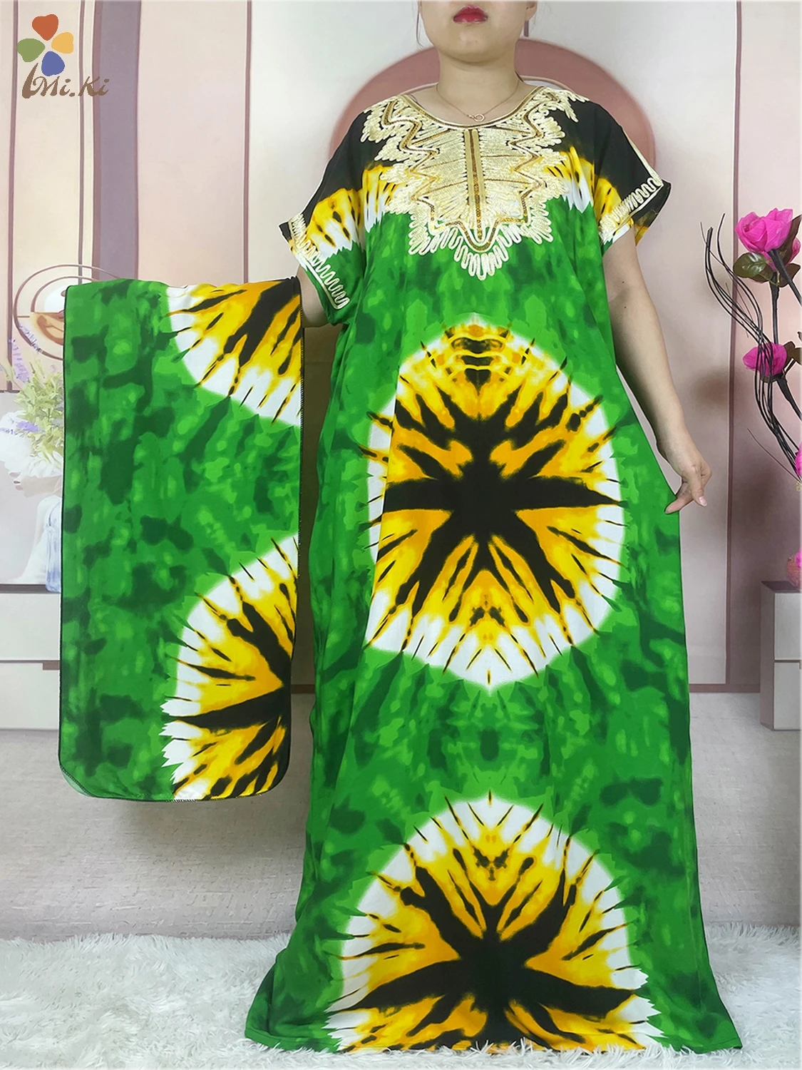 2024 New African Women Embroidered Sequin Dress Tie Dyed Loose Cotton Robe Dshiki Maxi Robe Femme Islamic Women Summer Clothing