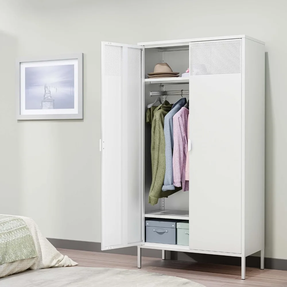 White Metal Wardrobe Cabinet with Hanging Rod, Metal Armoire Wardrobe Closet with Doors for Bedroom, Office, Laundry Room