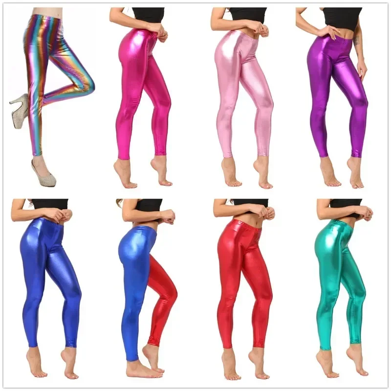 Leggings de PU de Color metálico para mujer, pantalones de piel sintética, pantalones de fiesta de baile, pantalones ajustados sexis para discoteca, pantalones ajustados para disfraz