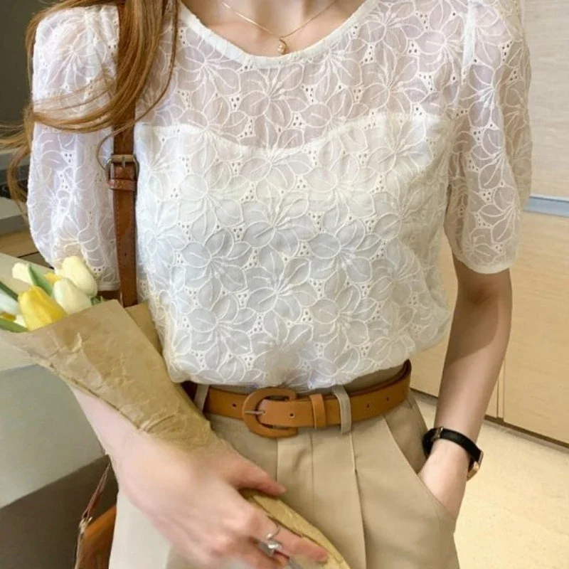 With Puffy Sleeves Summer Women's Shirt And Blouse Female Tops Print Chiffon Loose Luxury Designer Economic Premium Cool M