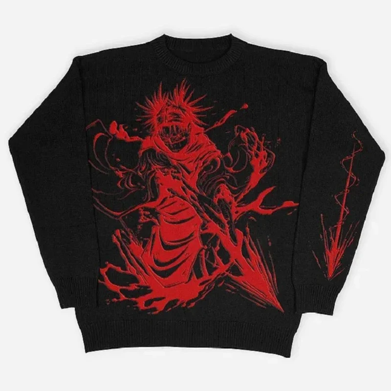 New Hip Hop Gothic Dark Anime Print Streetwear Knitted Sweater Men  Pullover Autumn Harajuku Sweater Women Oversized Sweate