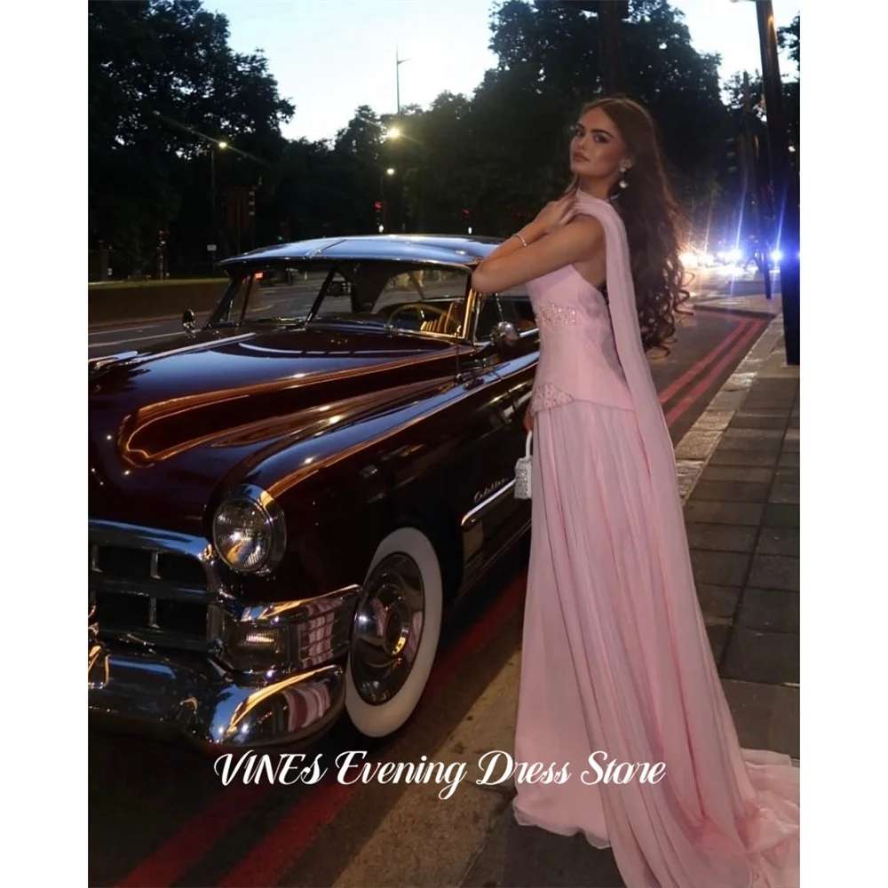 

VINES Pink Evening Dress with Beaded Waist Prom Dresses Strapless A Line Formal Dresses Chiffon Party Dress for Women Customized