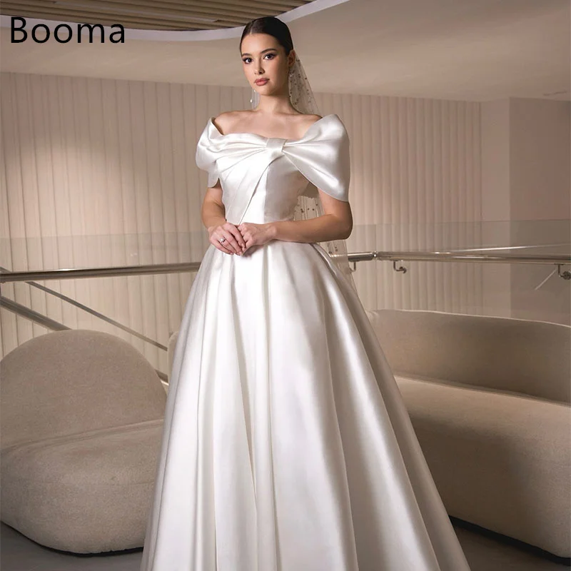 

Booma Simple Sleeveless A-Line Wedding Dresses Satin Off The Shoulder V-Neck Pleat Brides Gown Custom Made 2025