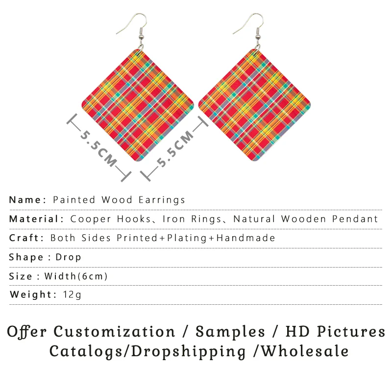 SOMESOOR Madras Plaid Fabric Print Wooden Drop Earrings Yellow Red Orange Patchwork African Ethnic Square Women Dangle Jewelry