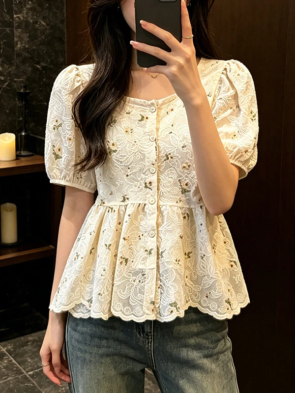 

plus Size Retro Floral Print Shirt Women's Summer New Style Slimming Beautiful Versatile Bubble Sleeve Square Collar Top