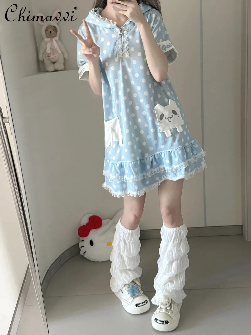 オリジナル水玉模様の青とグレーのプリント半袖Tシャツワンピース レディース 可愛いレース猫耳付きゆったりガールズカワイイショートドレス