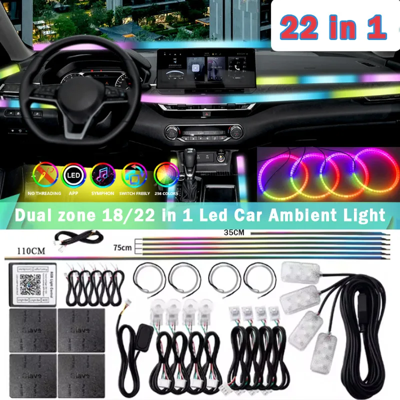 18/22 in 1 Acrylic Led Car Ambient Light RGB 213 64 Color Bluetooth Rainbow Strip Streamer Interior Symphony Atmosphere Lamp 12V