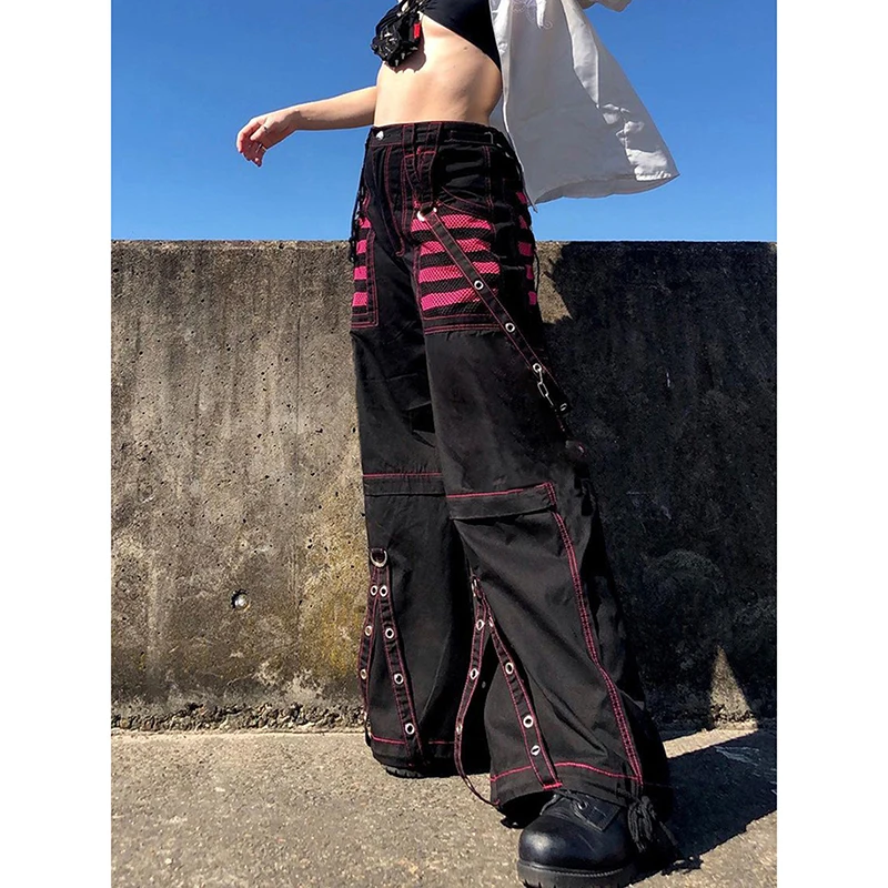 Loose Gothic Chain Bandage Wide Leg Pants Women Oversize Low Rise Dark Academic Trousers Streetwear 90s Baggy Pant