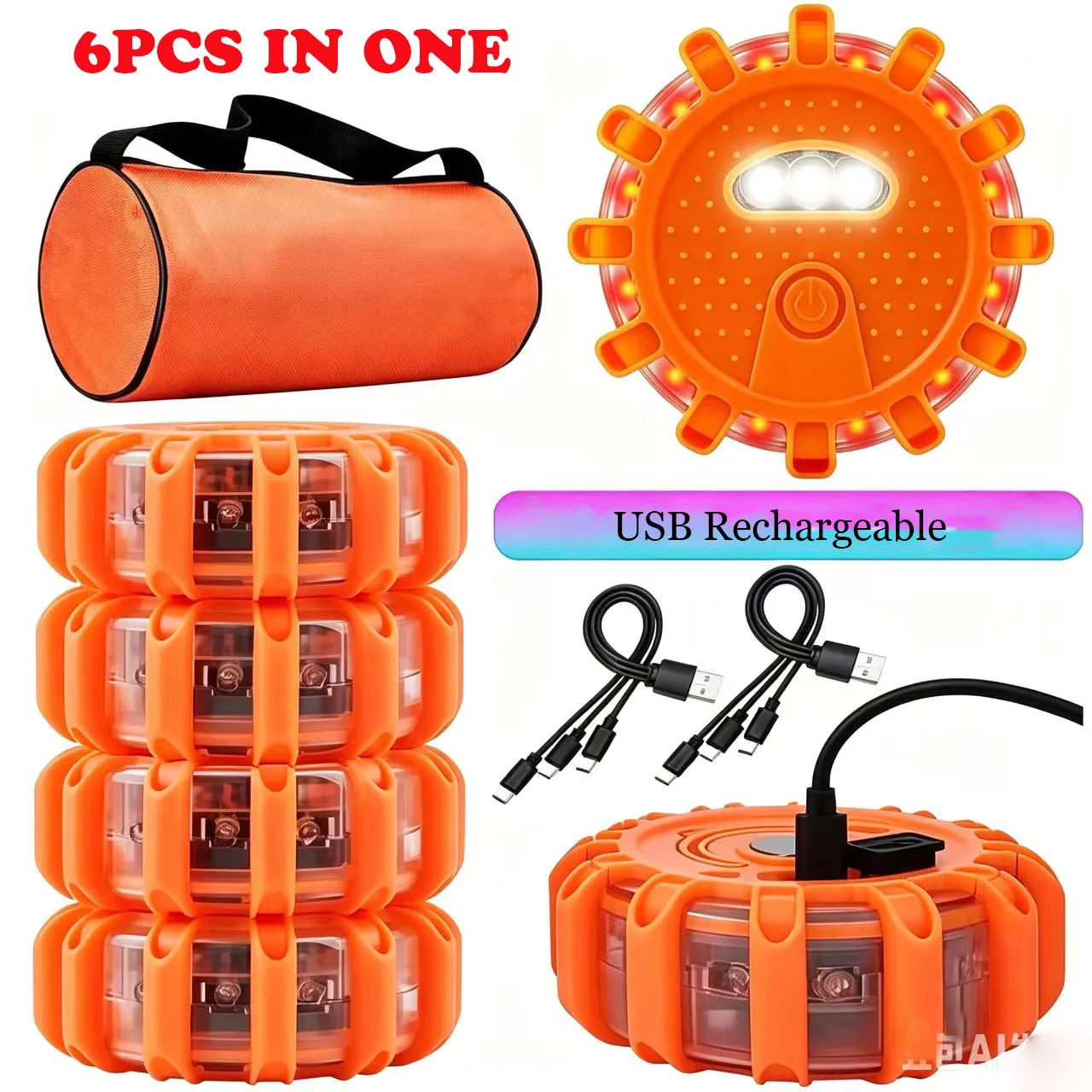 6PCS USB Rechargeable LED Road Flares Emergency Lights Roadside Warning Safety Beacon Flashing Disc Flare Kit with Magnetic Base