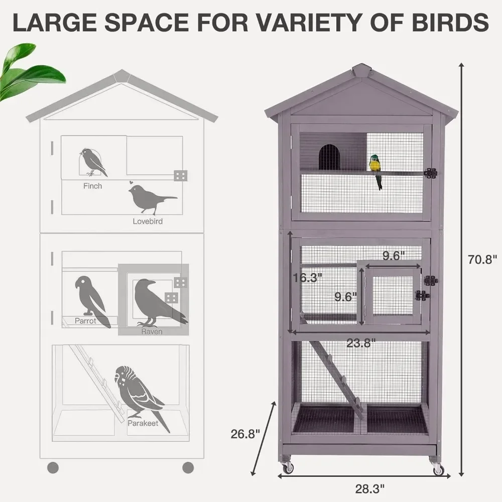 Large Bird Cage Outdoor Indoor Parakeet Cage with Wheels, Perch and Deep Removable Pull-Out Tray for Parrot, Dove, Canaries