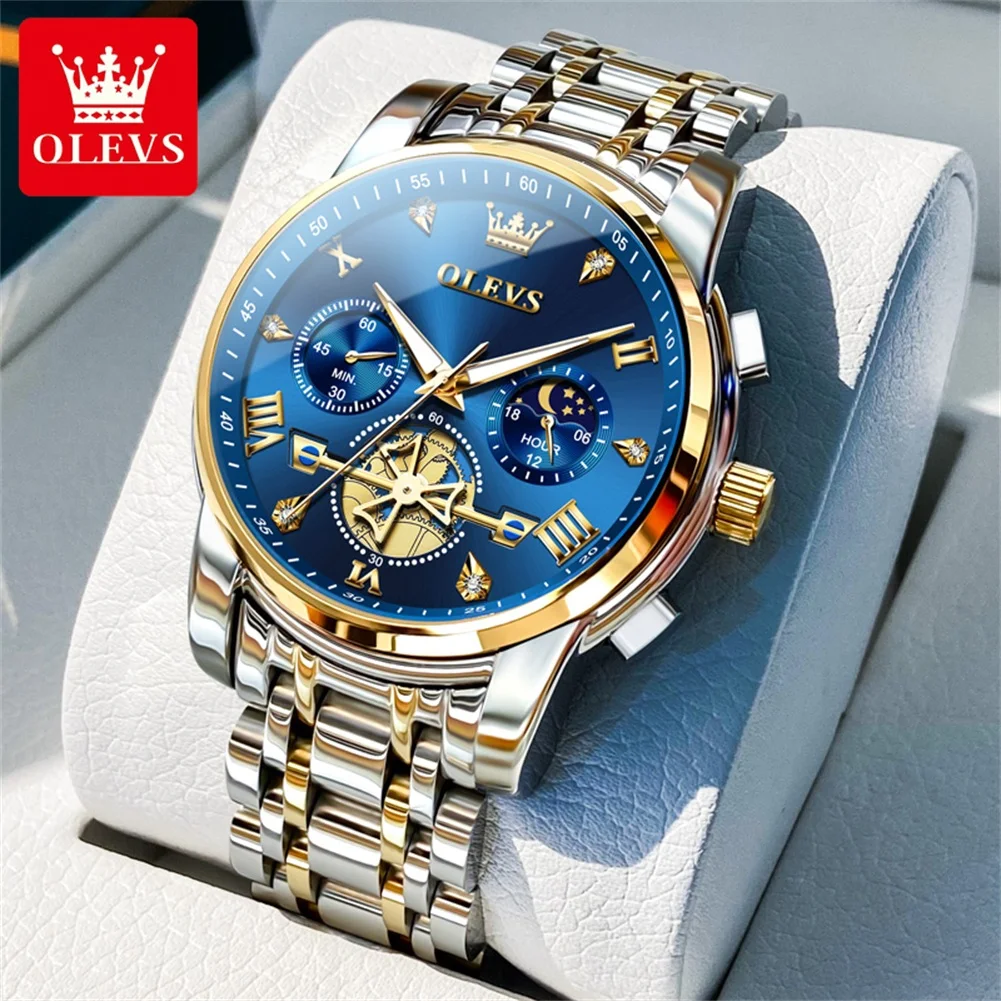 OLEVS 2856 دولاب الموازنة الهيكل العظمي ساعة رجالية فاخرة متعددة الوظائف مقاوم للماء توقيت ساعة 24 ساعة Moonphase ساعة كوارتز رجالية Reloj
