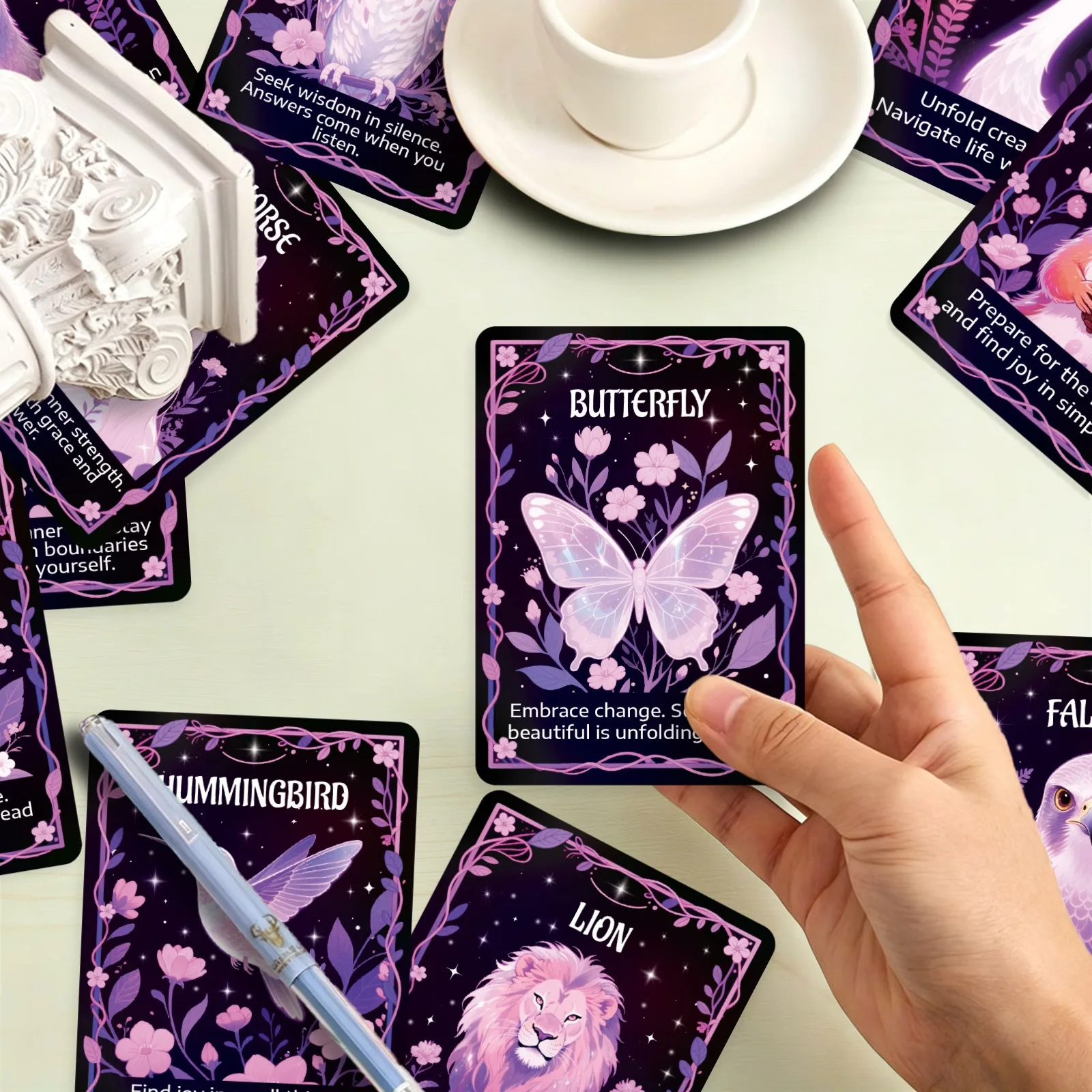 50Pcs Mystic Purple Animal Guide Cards, Dreamy Art Illustration Note Cards, High Texture Handwritten Blessing Message Cards