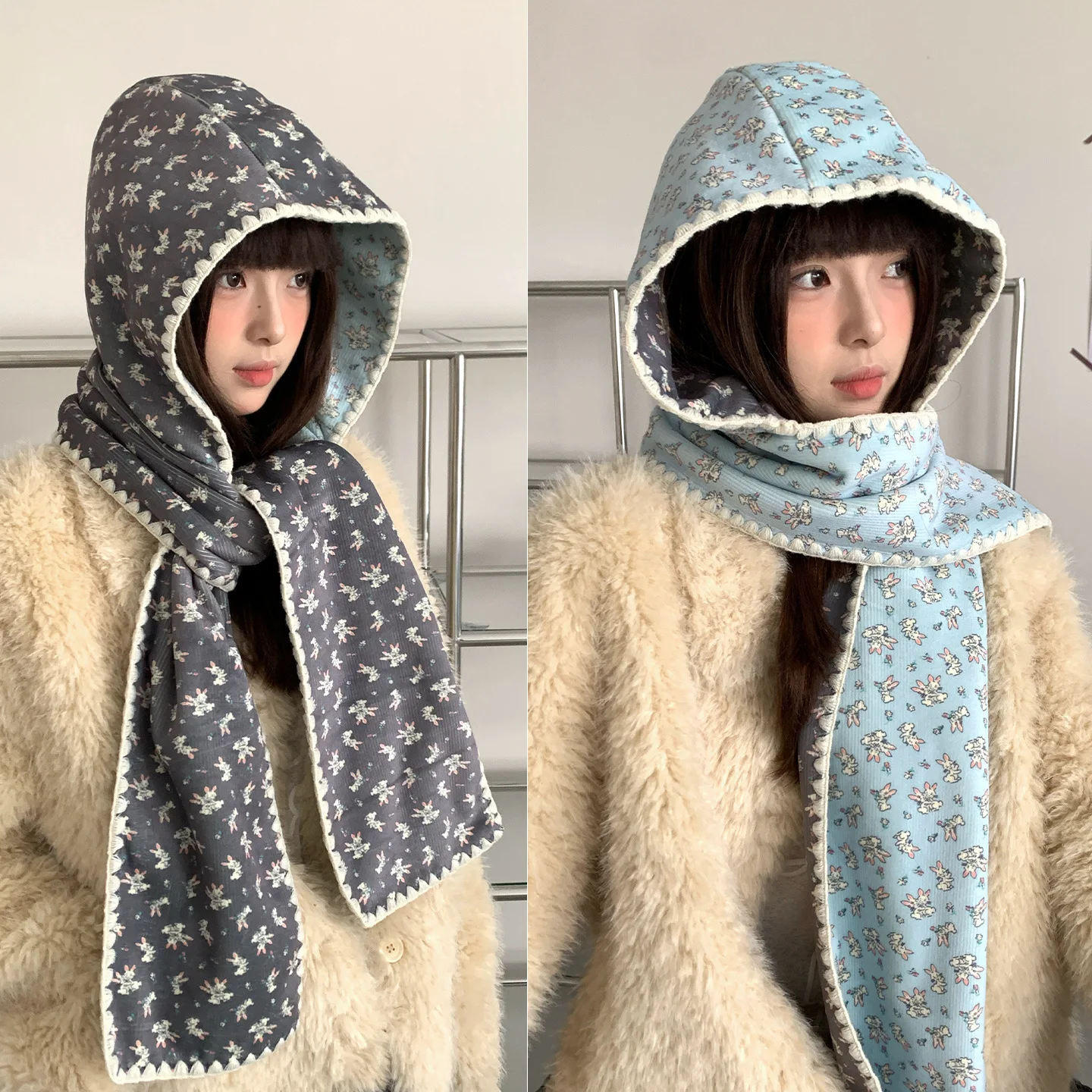 أزياء الفتيات الشتاء قبعة وشاح مجموعة الدفء أزياء مطبوعة سميكة سوداء مزدوجة الجانب ارتداء مجموعة الشتاء النسائية